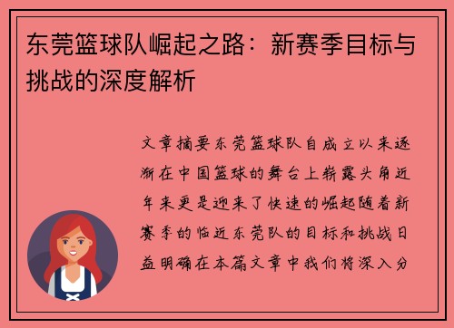 东莞篮球队崛起之路：新赛季目标与挑战的深度解析